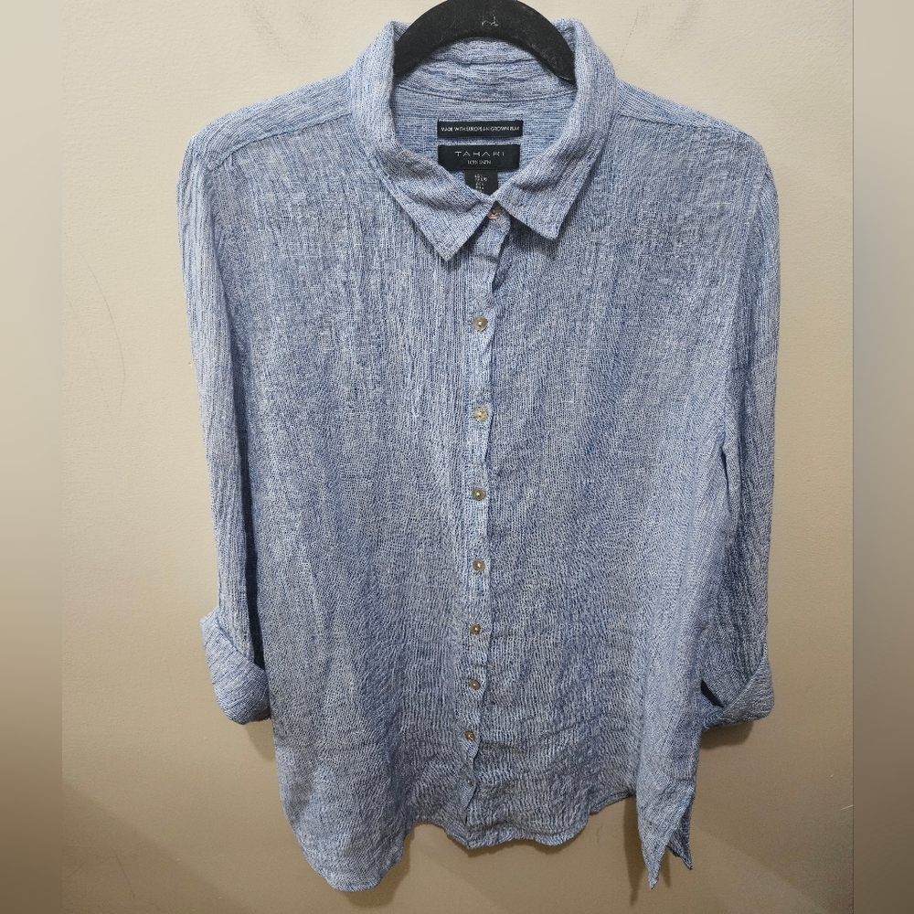 Tahari Blue 100% Linen European Flax Pearl Button Down Beachy Casual Shirt LG
